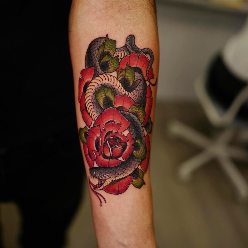 Rose and Snake Neotraditional Tattoo by Sini Tattoo