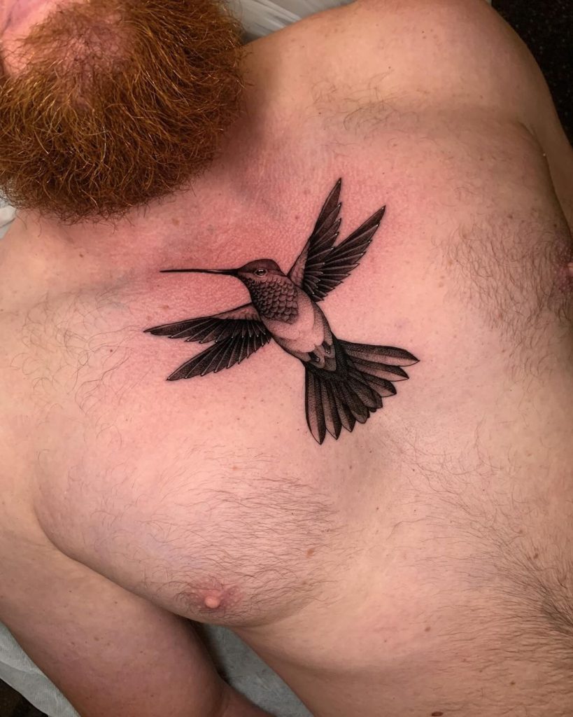 Vitruvian Black and Grey Sternum Hummingbird Tattoo by Nic Smith