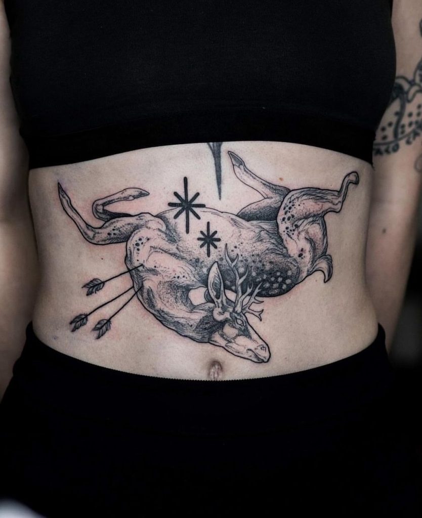 Black and Grey Deer Belly Tattoo by Sunburnt
