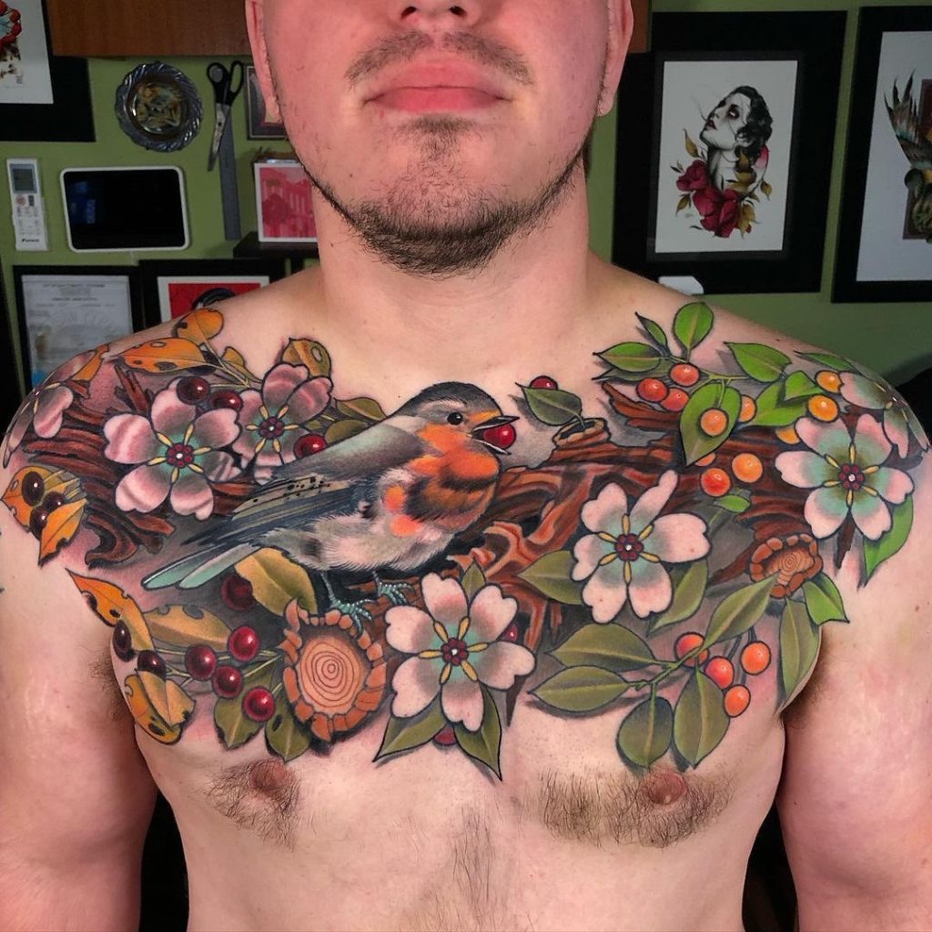 Neotraditional Bird and Flowers Collarbone Piece Tattoo by Trevor Burtz