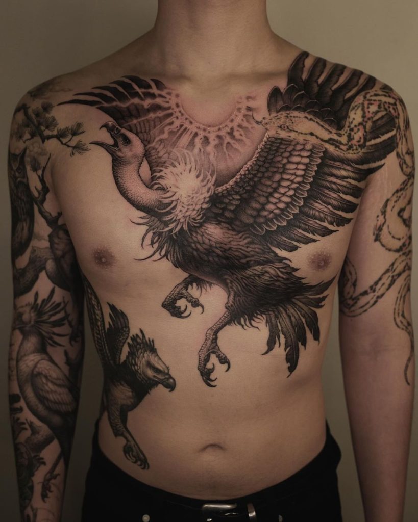 Realistic Black and Grey Vulture Chest Tattoo by Taesin