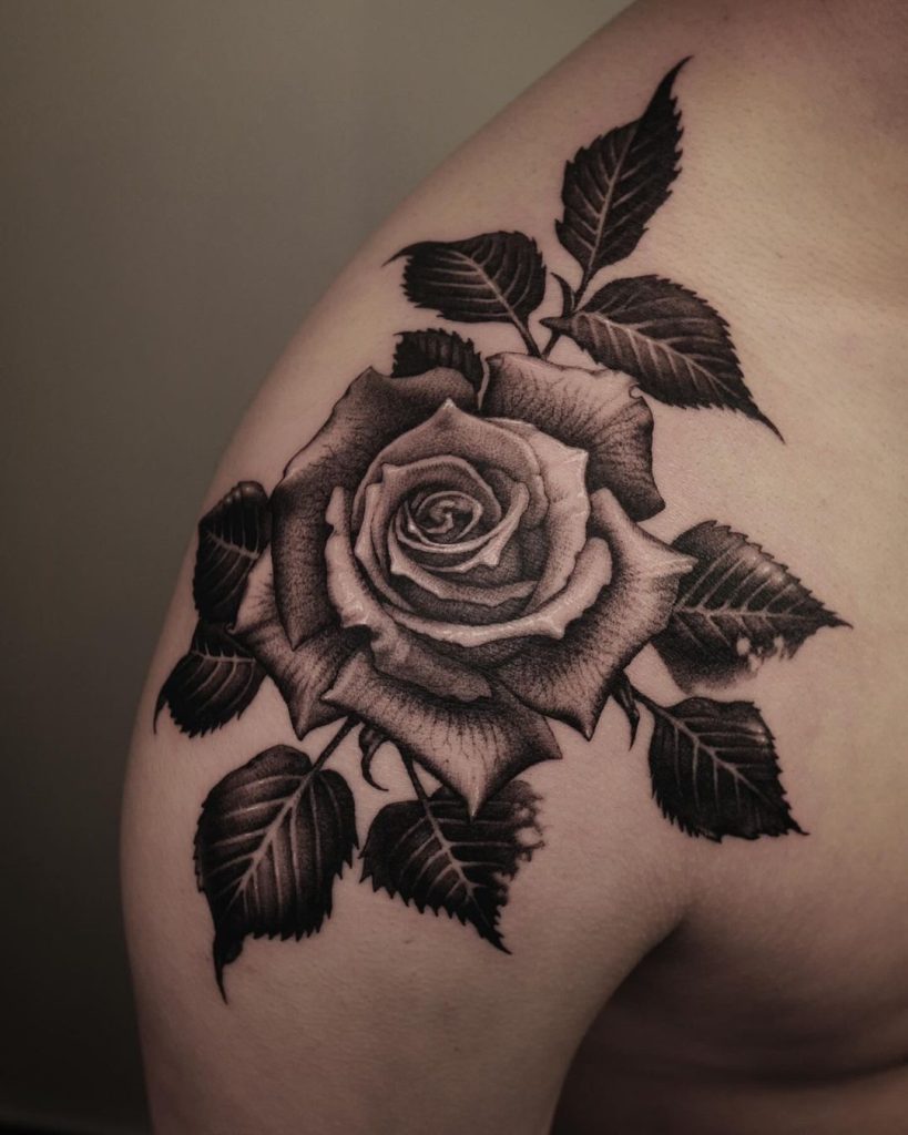 Black and Grey Shoulder Rose Tattoo by TAESIN