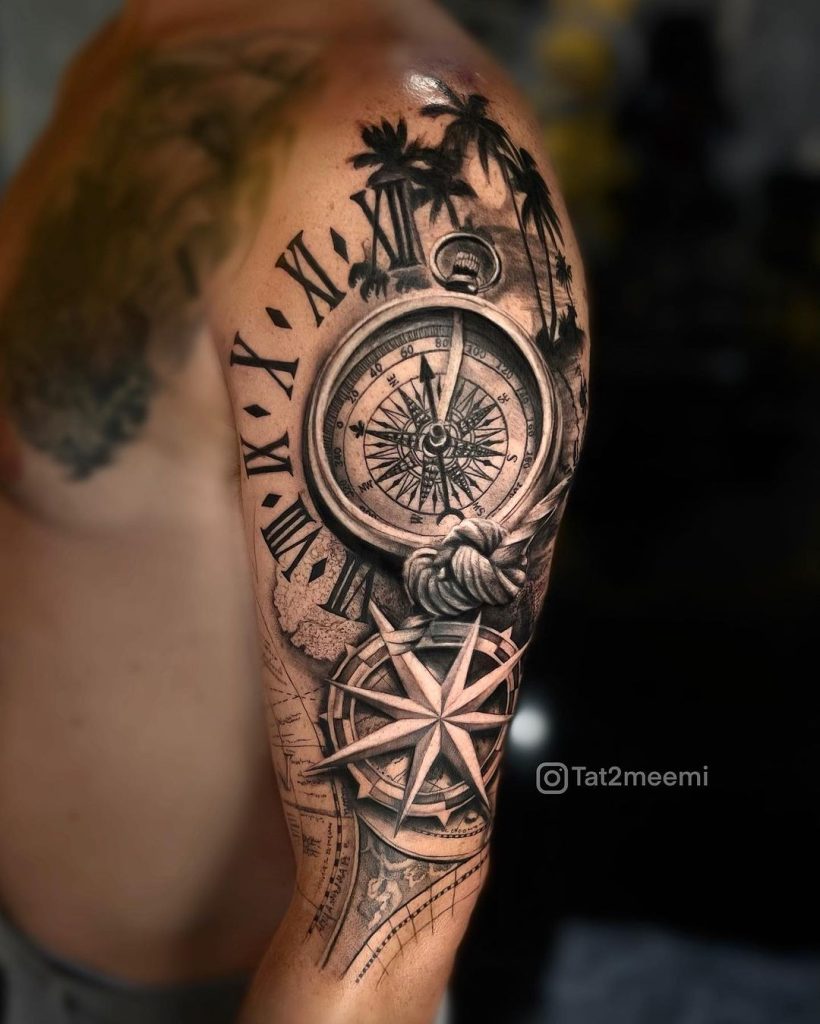 Realistic Black and Grey Compass and Map Tattoo by Meemi
