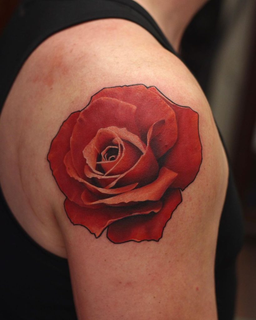 Realistic Shoulder Rose Tattoo by Thanks Aanderton