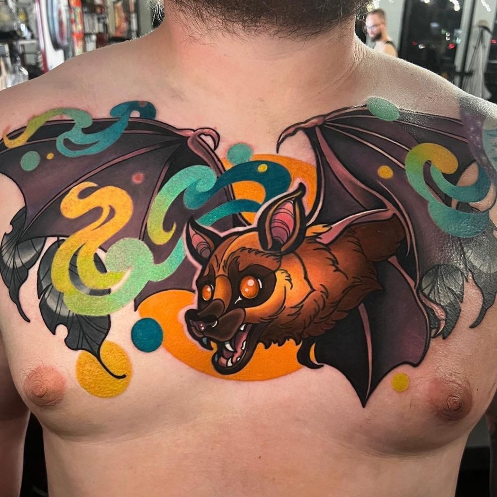 Neotraditional Bat Chest Tattoo by Tiara Gordon