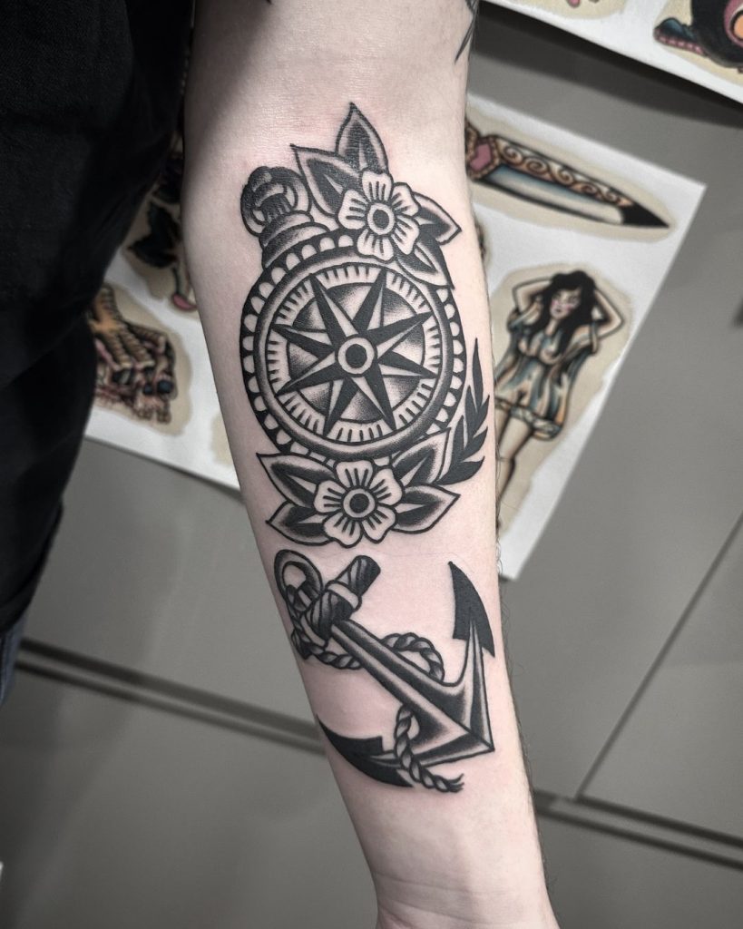 Old School Black and Grey Compass and Anchor Tattoo by Uncle Kit