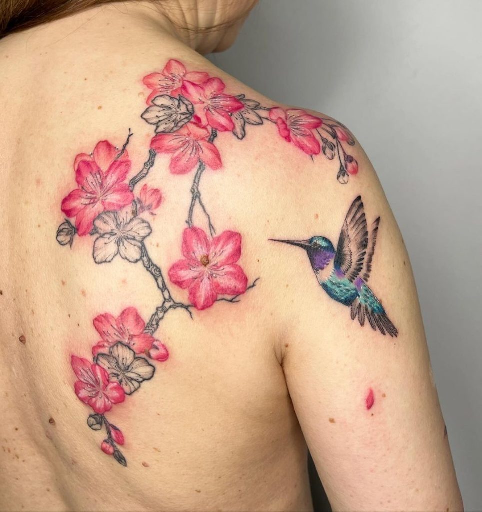 
Hummingbird and Cherry Blossom Tattoo by Valeria Fukunaga