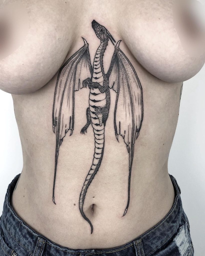Black and Grey Sternum Dragon Tattoo by Vic