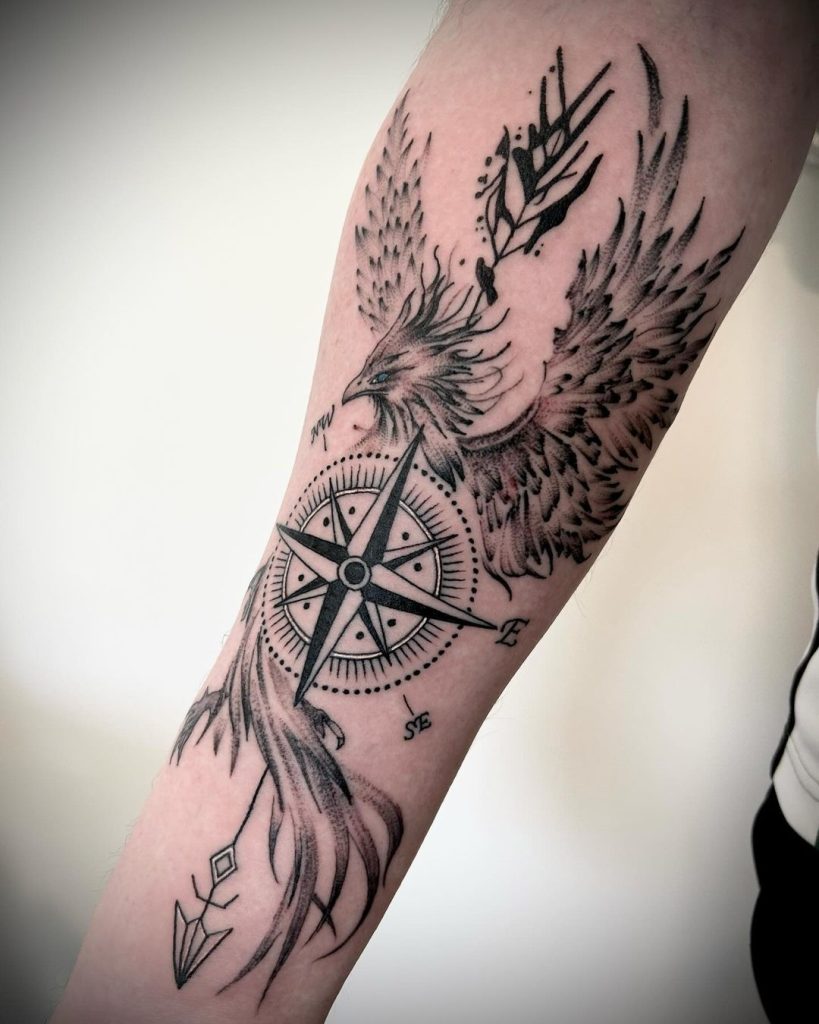Black and Grey Phoenix and Compass Tattoo by White Lotus Tattoo