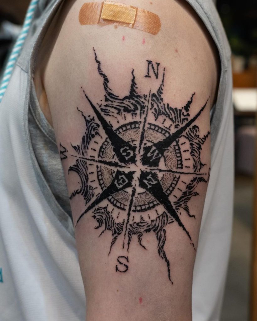 blackwork compass tattoo by tattooist wood
