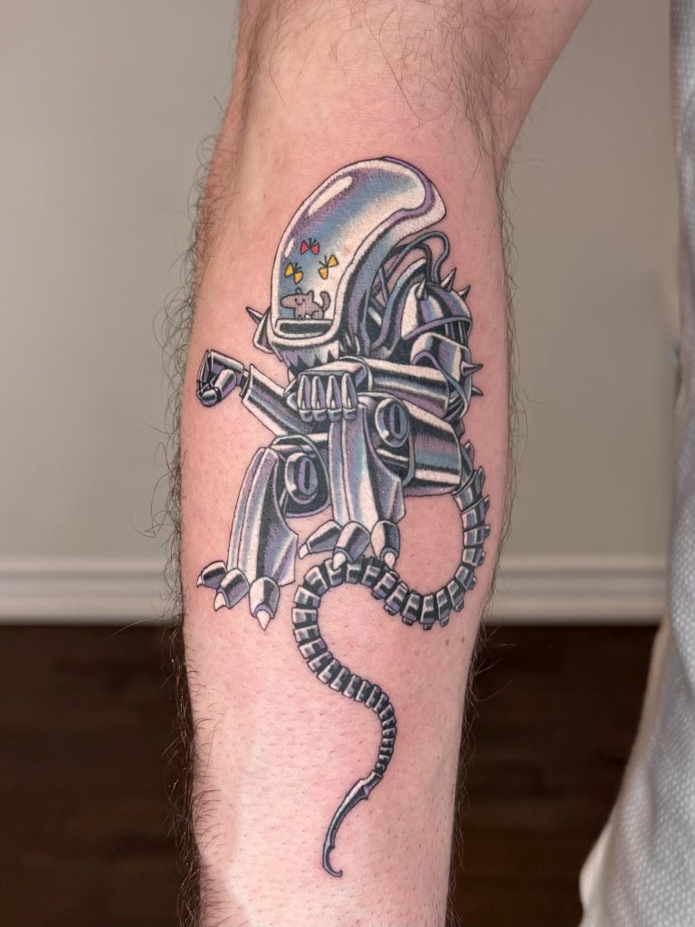 chrome alien and cute pet tattoo by pisatché