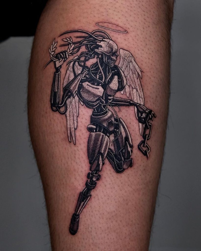 robot angel tattoo by pisatché