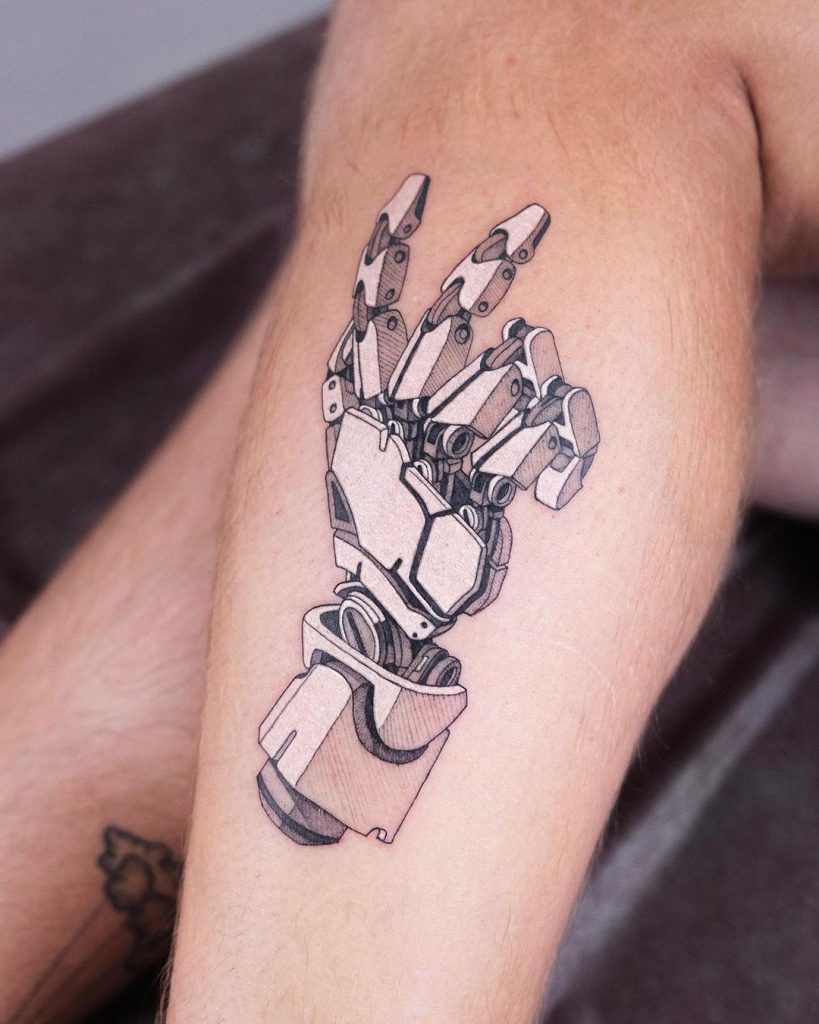 mecha hand tattoo by pisatché