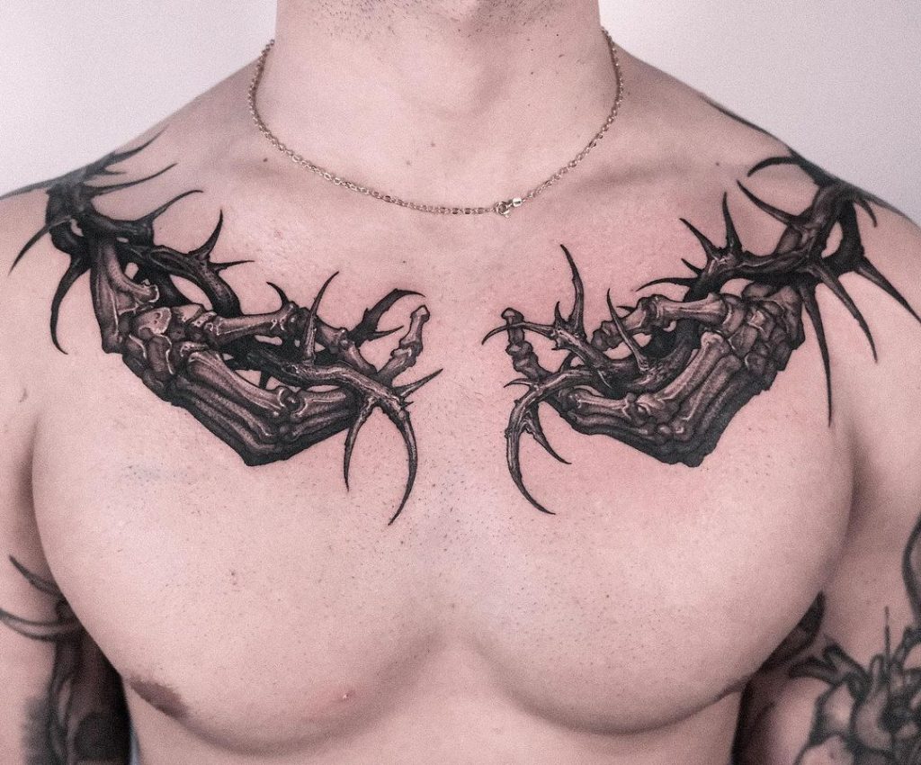 dark blackwork thorny skeleton hands  tattoo by heukdo