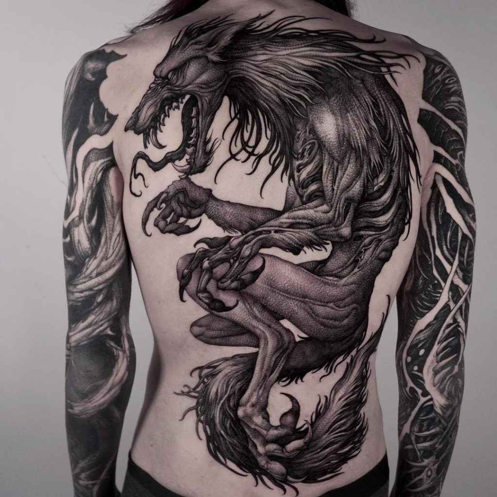 dark blackwork werewolf  tattoo by heukdo