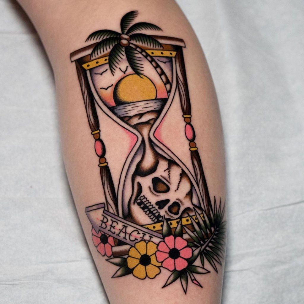 Traditional Old School Skull and Hourglass Tattoo by Bobby Mack