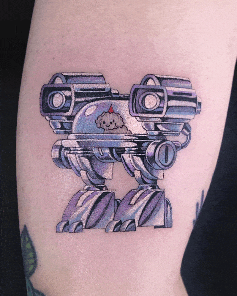 chrome mecha bots and cute pets tattoo by pisatché
