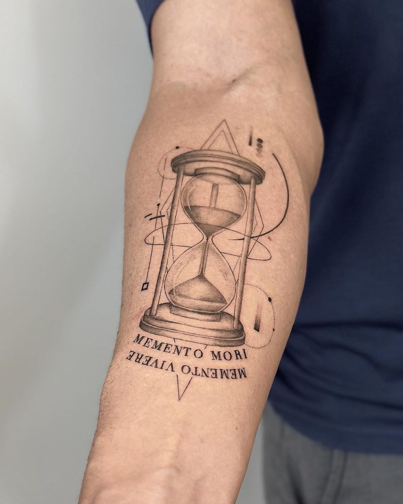 Black and Grey, Geometric and Typography Hourglass Tattoo by Fernando Lobo