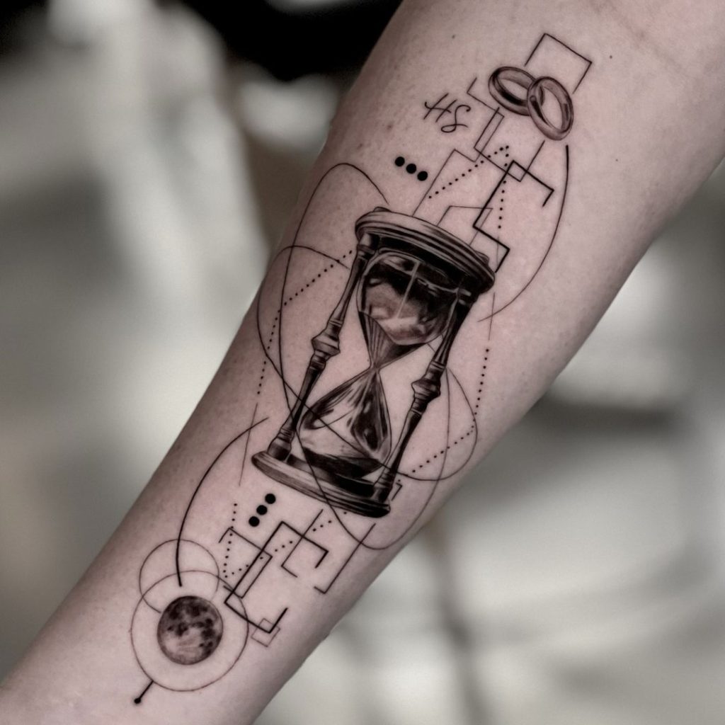 Black and Grey Cosmic Geometry Hourglass Tattoo by Yorgos Frag