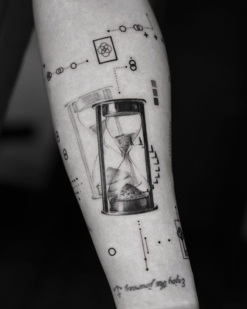 Complex Black and Grey Geometric Composition With Hourglass Tattoo by Ga-Yi