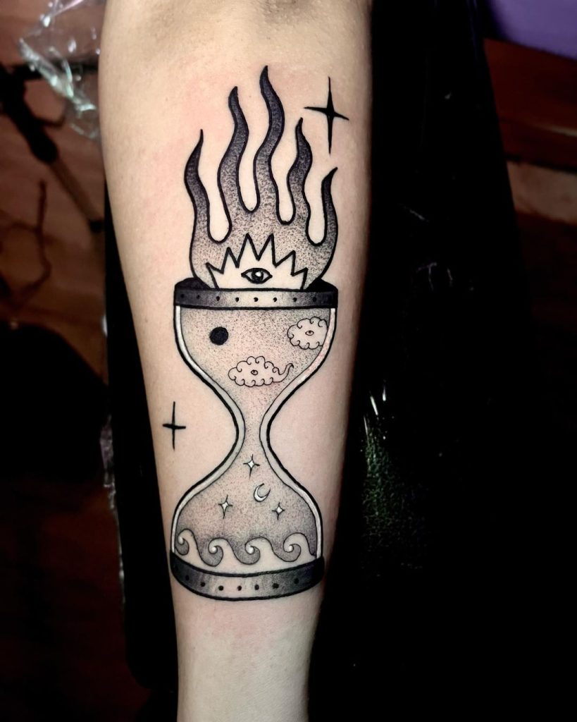 Illustrative Black and Grey Hourglass Tattoo by Siete