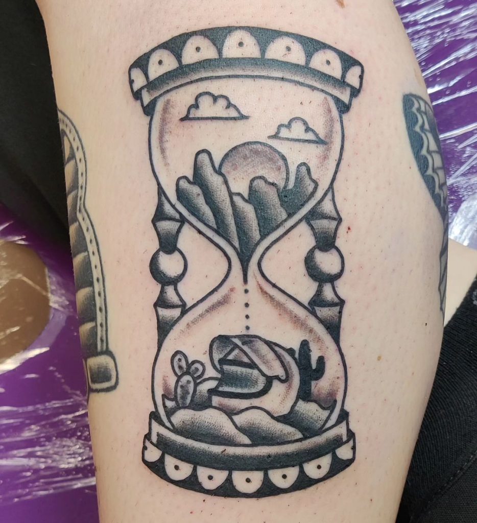 Traditional Old School Black and Grey Hourglass Tattoo by Liam Dickinson