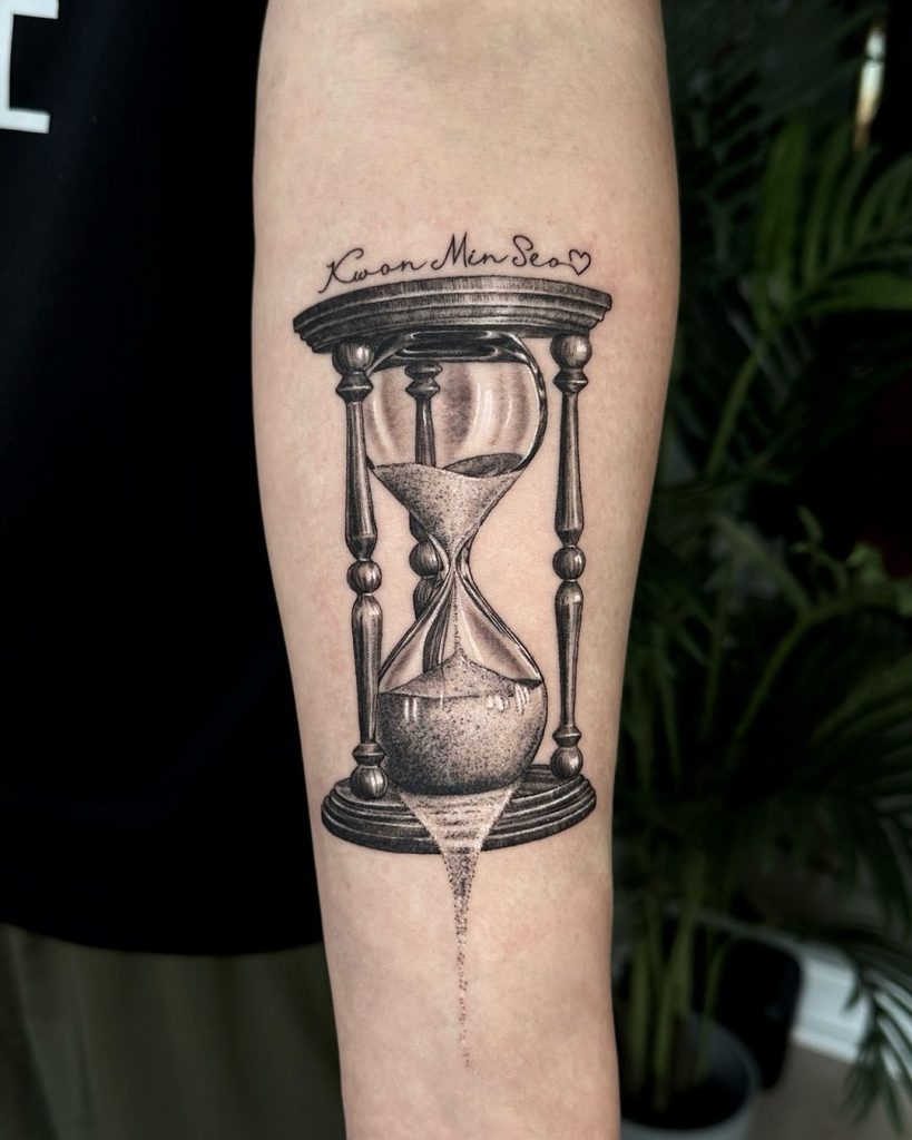 Black and Grey and Typography Hourglass Tattoo by Stilo Allday