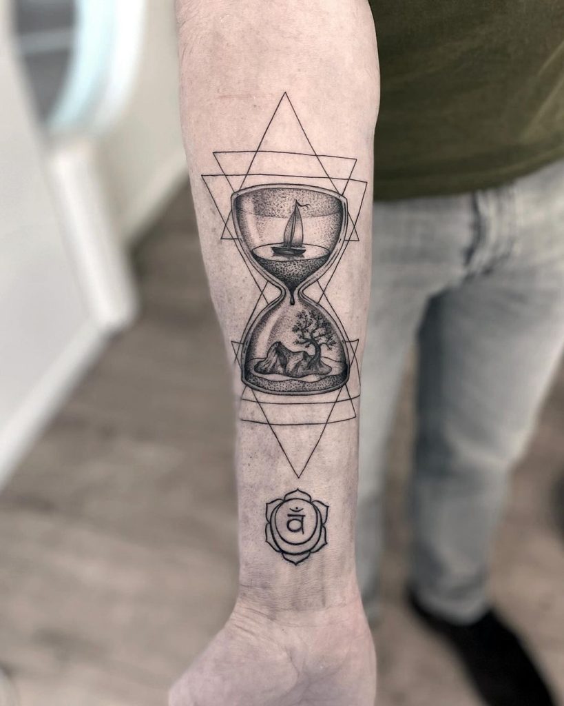 Black and Grey Geometry and Hourglass Tattoo by Sven Rayen