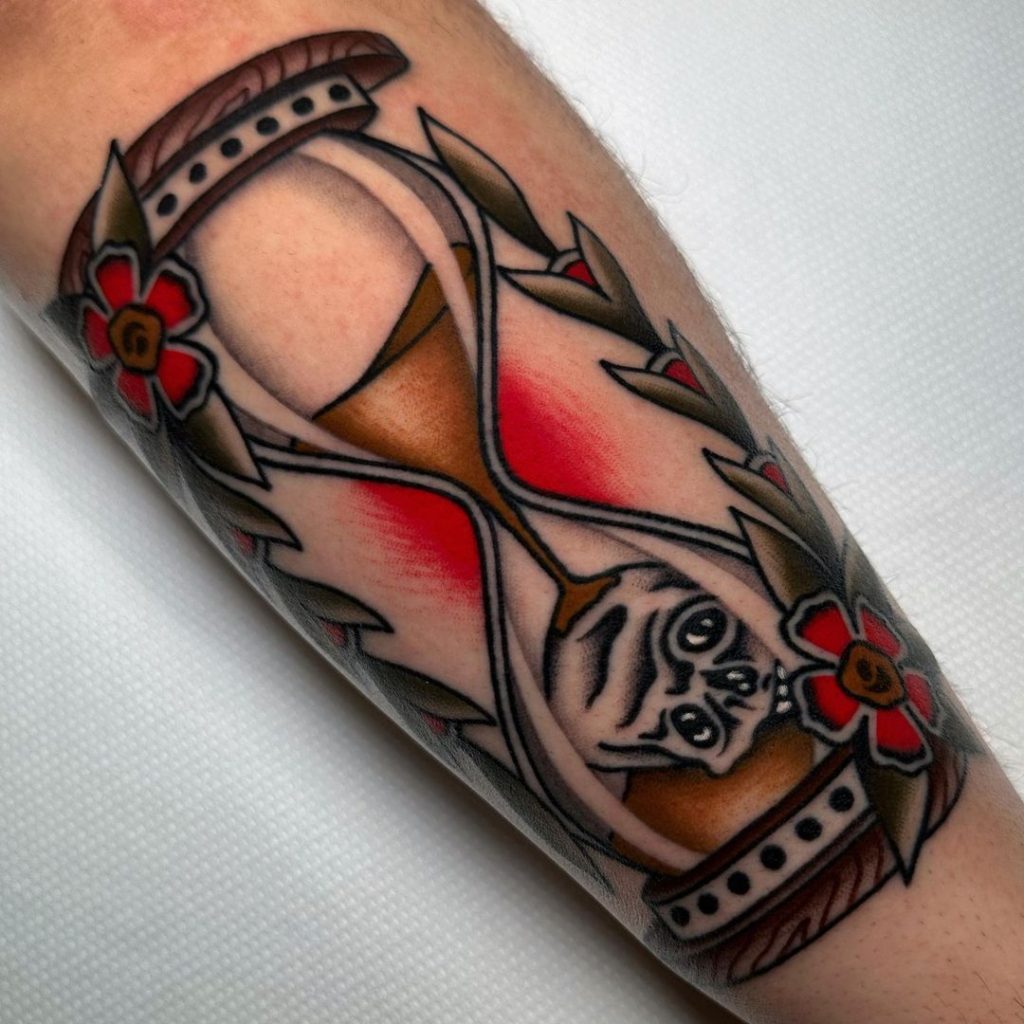 Old Schoold Traditional Skull and Hourglass Tattoo by Tommi Giova