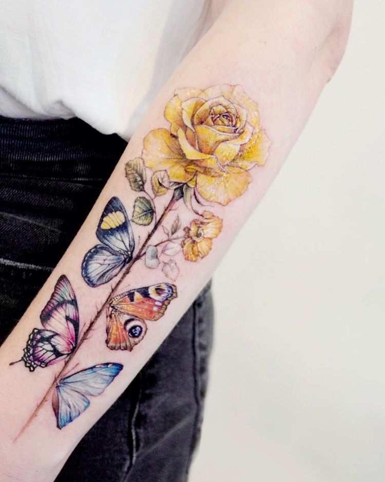 rose with butterflies on the stem, amazing composition tattoo nby banul