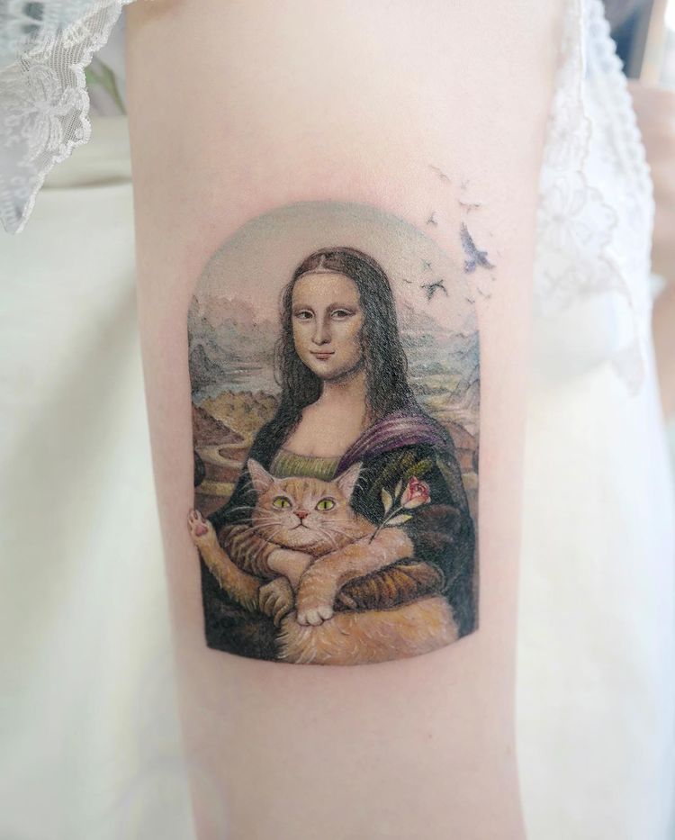 monalisa, la gioconda, with cat, beautiful illustration by tattoo artist banul