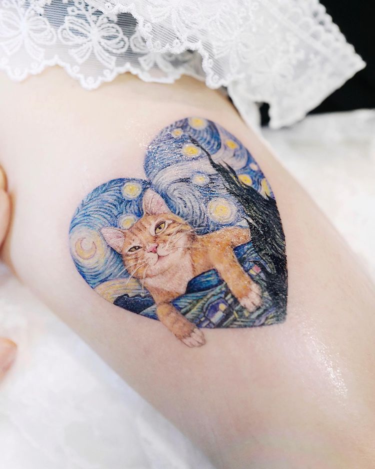 van gogh cat style by  Yugyeong Ham tattoo artist frmo Seoul