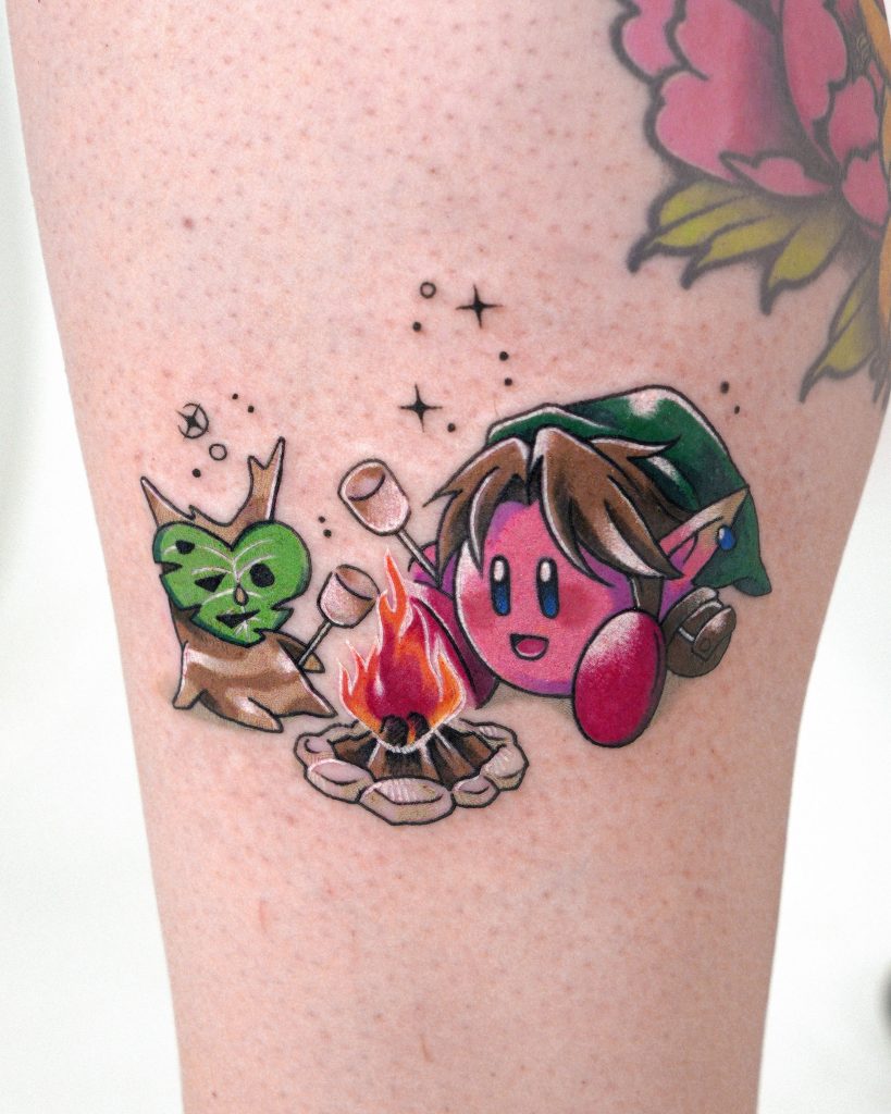 funny legenda of zelda with Kirby mix tattoo