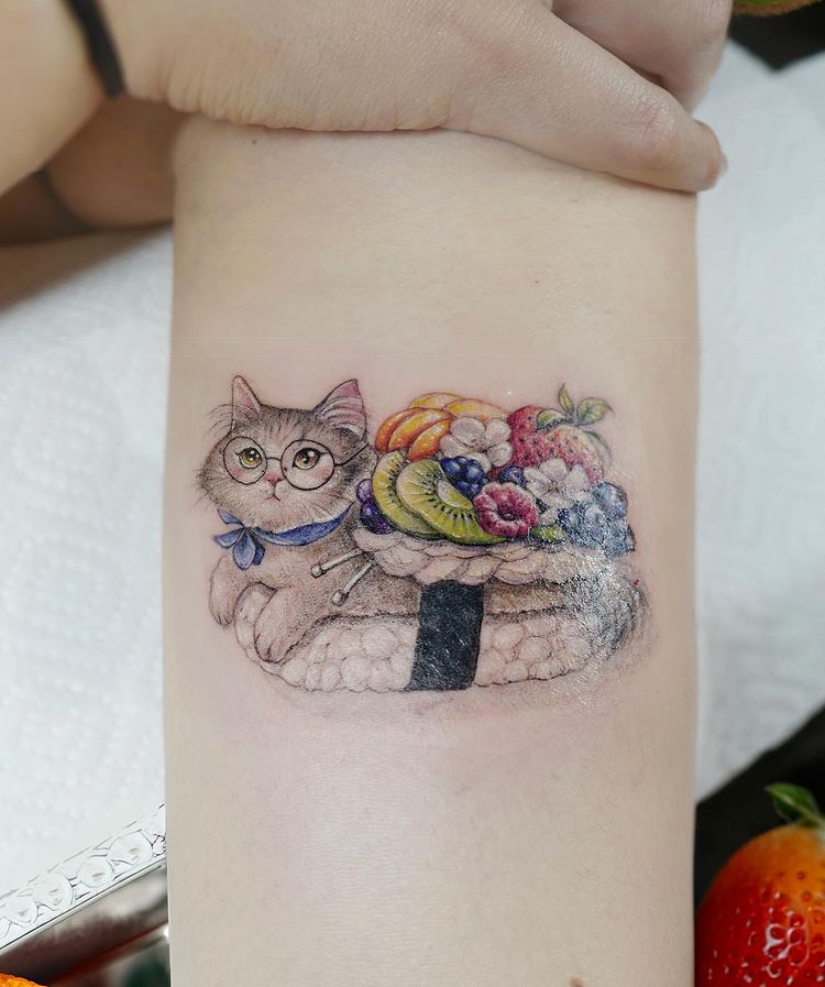 cute sushi cat with glasses, incredibly cute tattoo