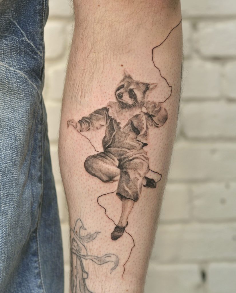 kid racoon tattoo portrait