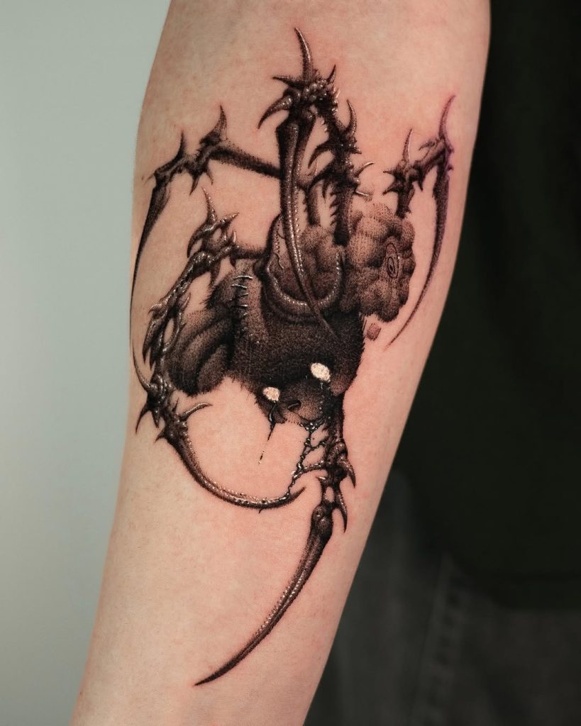 parasites tattoo by Yujhi in blackwork realistic dotwork