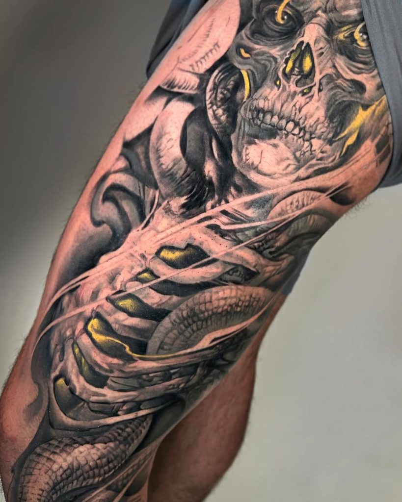 lynch skulls sleeve tattoo with yellow lights