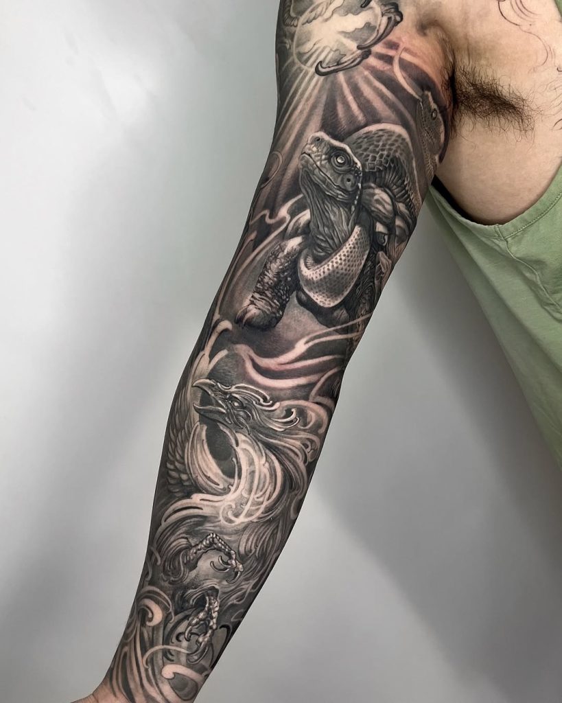 holy turtle and phoenix tattoo sleeve