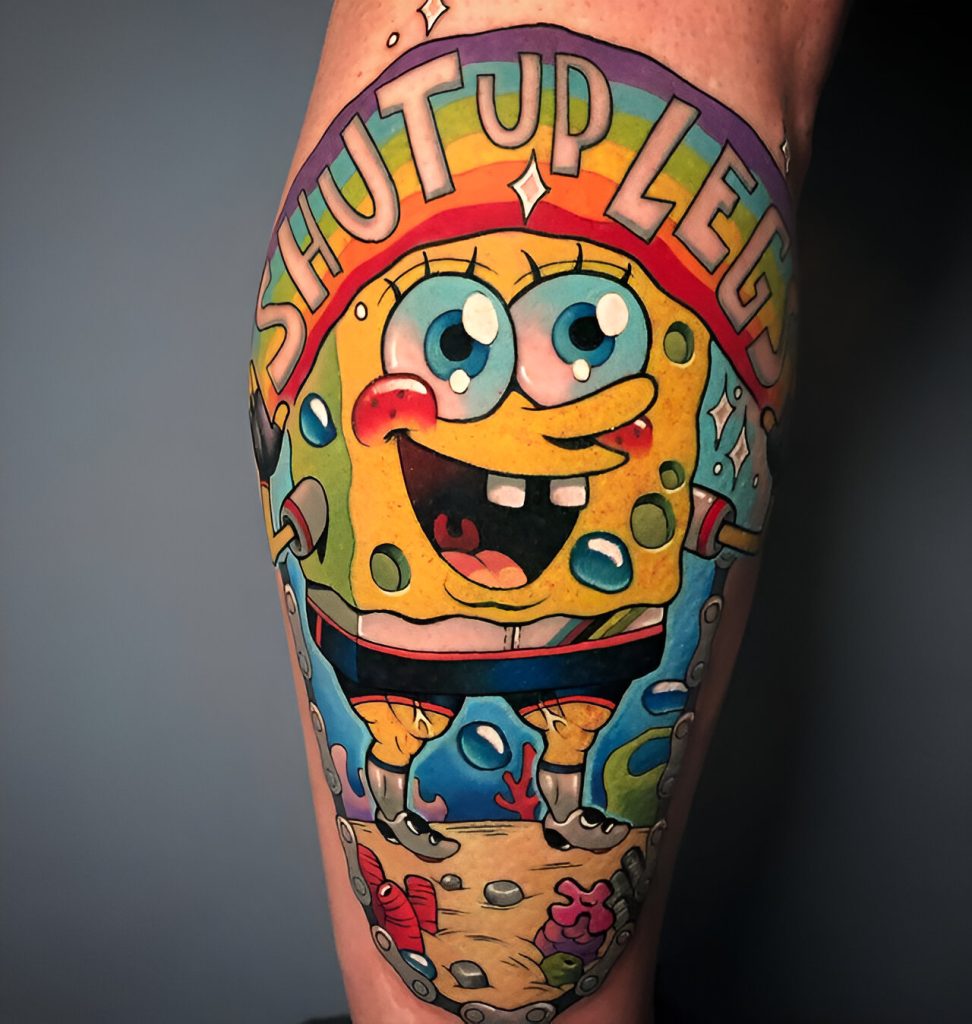 Spongebob With Muscly Legs tattoo in new school style