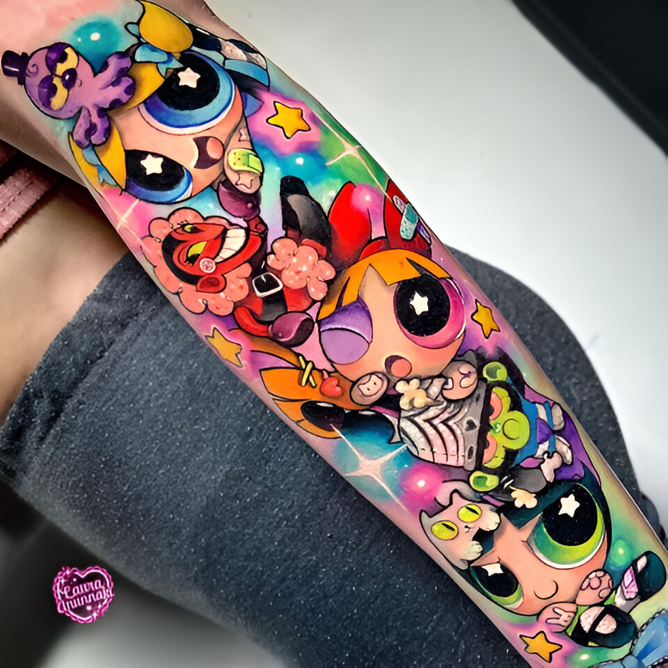 Power Puff Girl in bright colors new school tattoo by laura