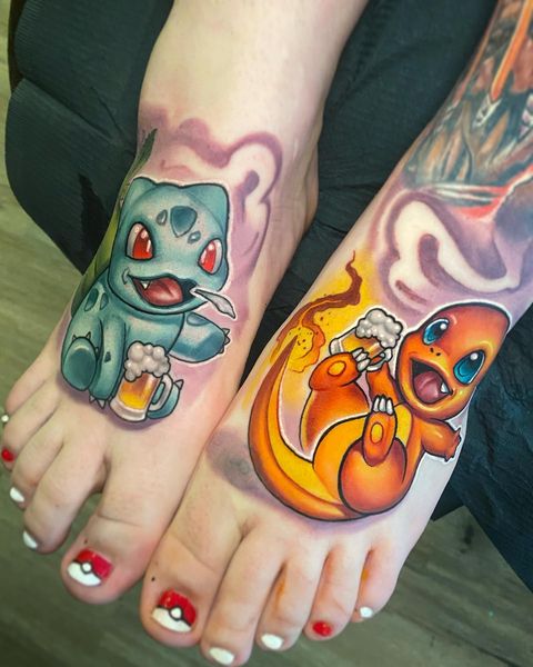 Bulbasaur and Charmander having a pint in school style of tattoo