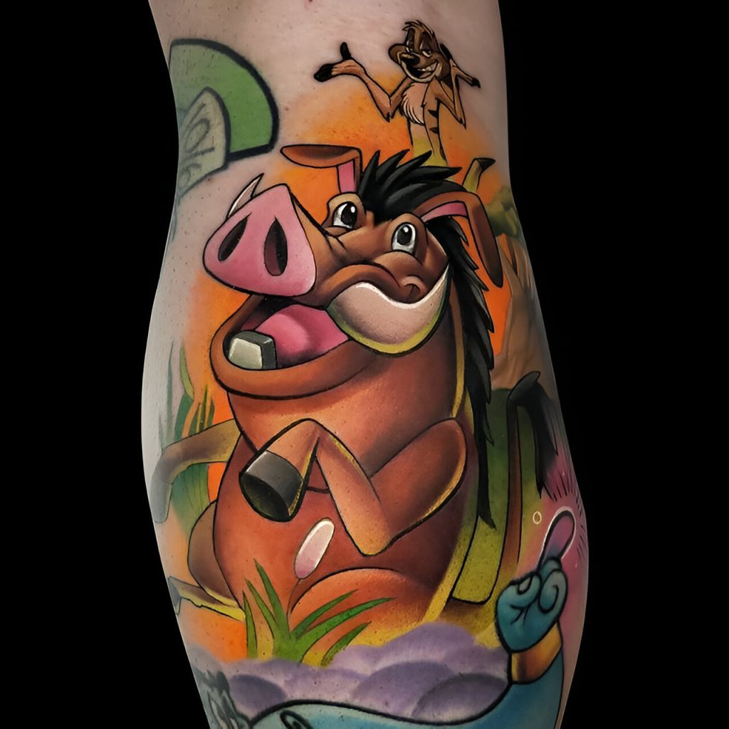 Timon & Pumbaa from Lion King tattoo in new school style very cool