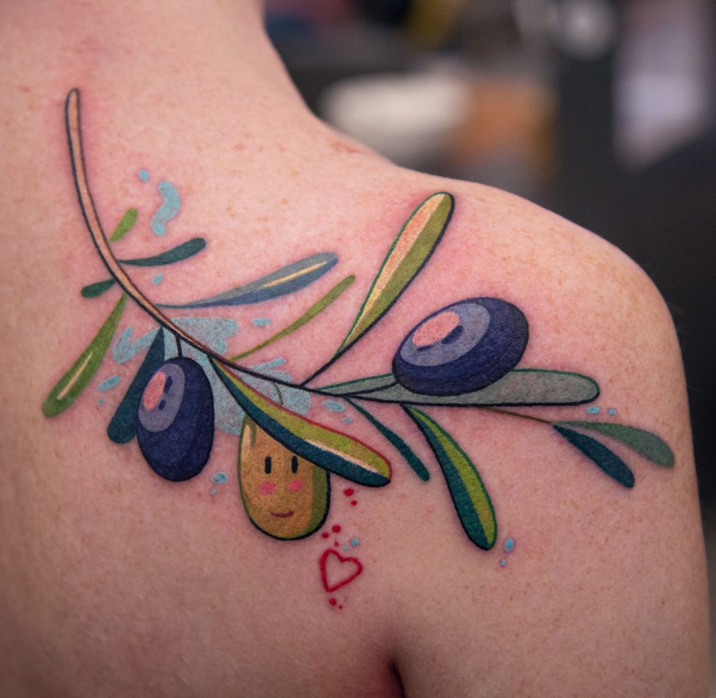 lovely olive tree with olives and leafs tattoo design by Denis Kucherenko