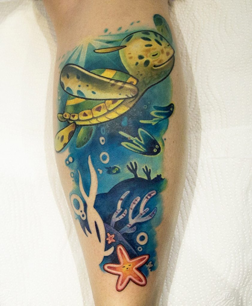 leg sleeve of illustrative turtle swimming in the ocean by denis