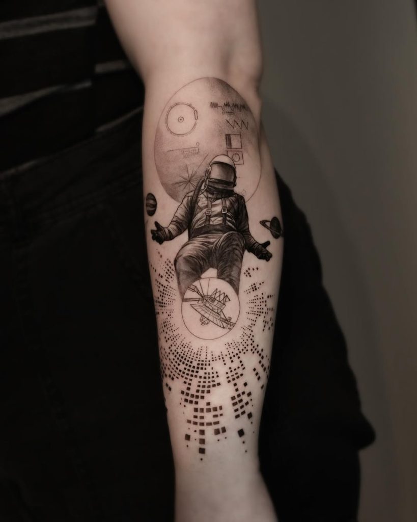 lost in space tattoo astronaut with disk tattoo microrealism