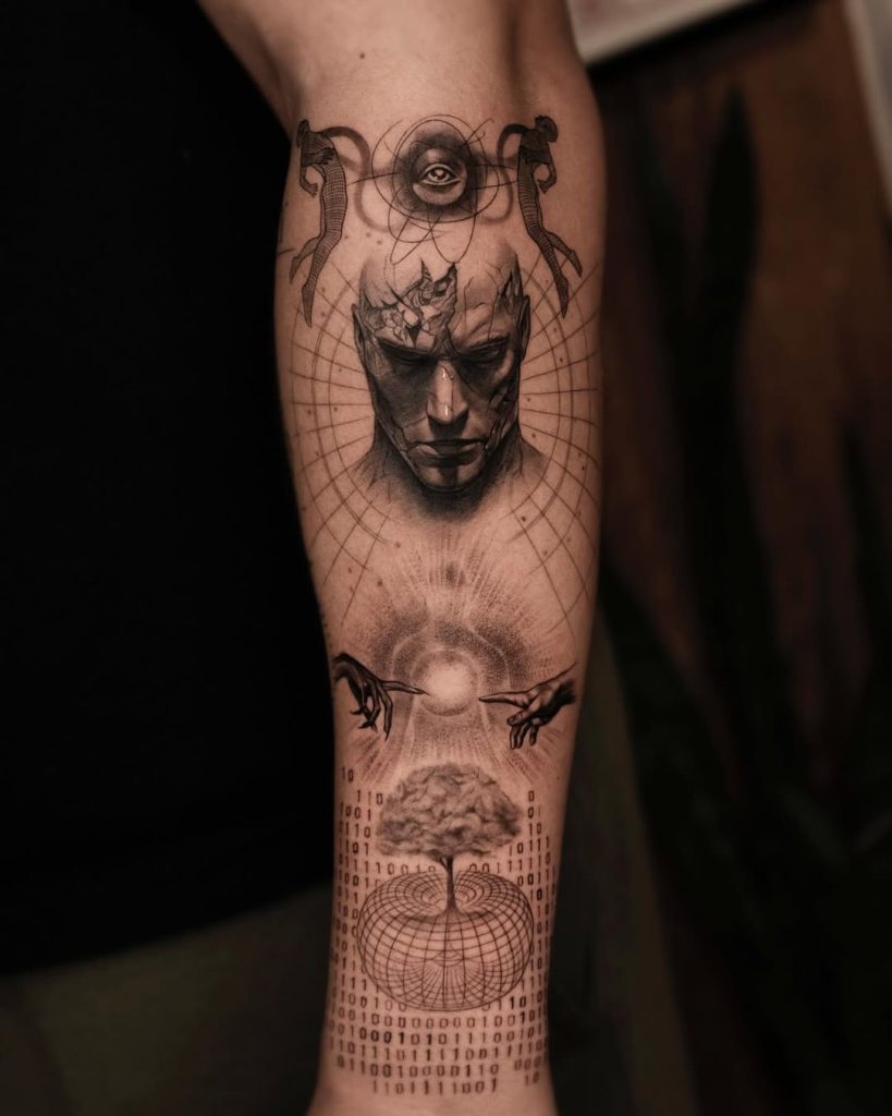 mystical sleeve with numerology and binary surreal tattoo by Tae