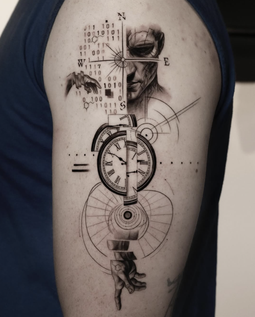 binary and surrealism tattoo by tae incredible piece on the arm