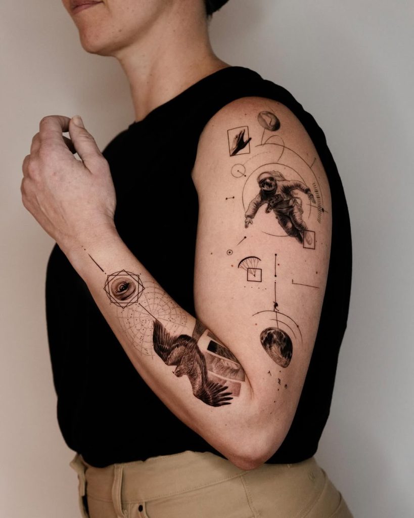 beautiful patchwork sleeve tattoo in realism style with several pieces by Tae