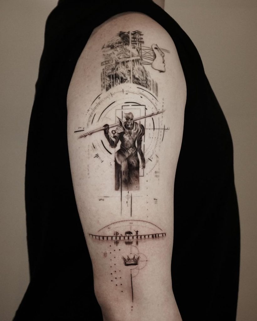 beautiful anime tattoo in microrealism with storyline and details