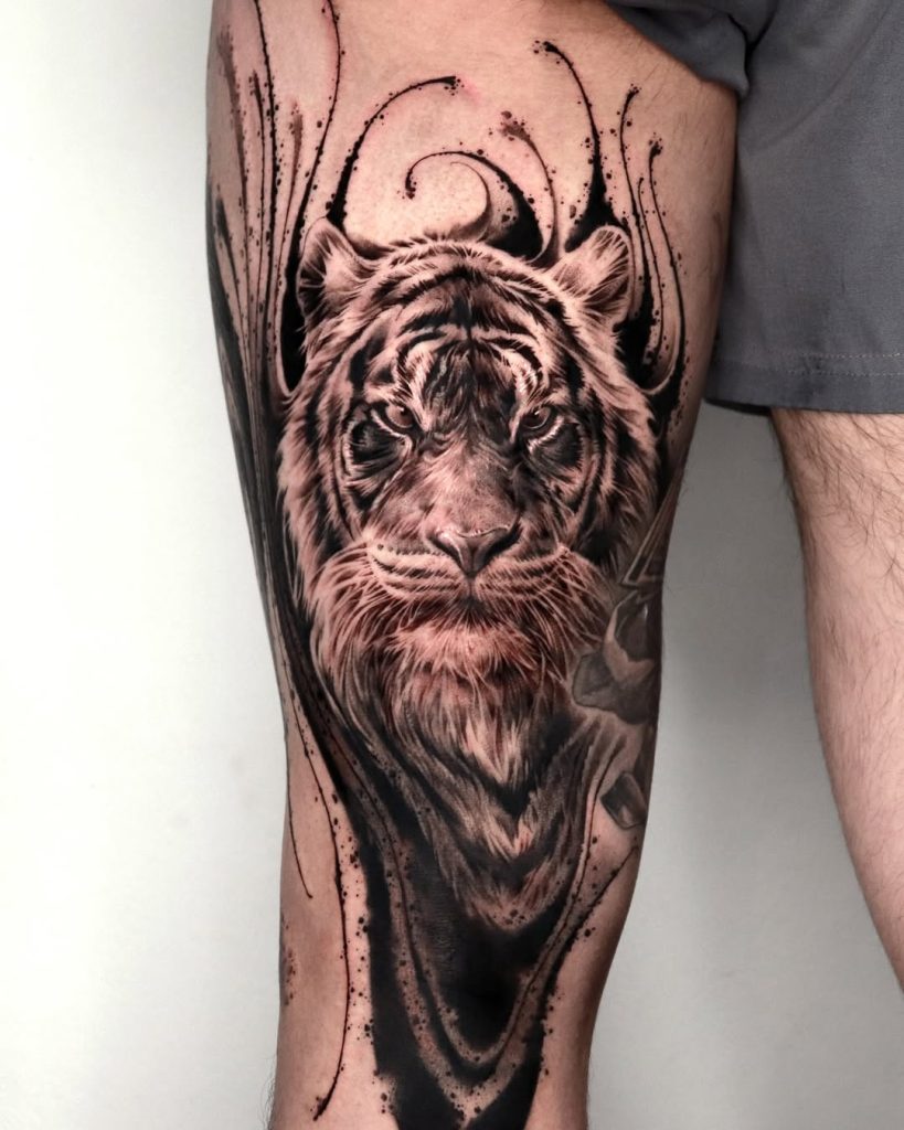 incredible tiger tatttoo in realistic style by impasto fully in black & grey realism